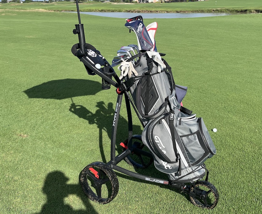 Big Max Blade IP Golf Push Cart on the course. Big Max Blade IP Golf Push Cart on the course.