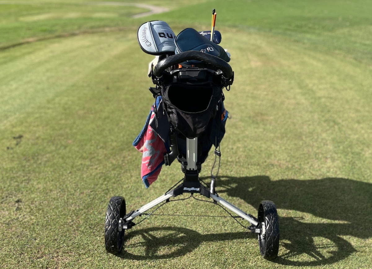 Reaf of Bag Boy Nitron Swivel on tee box